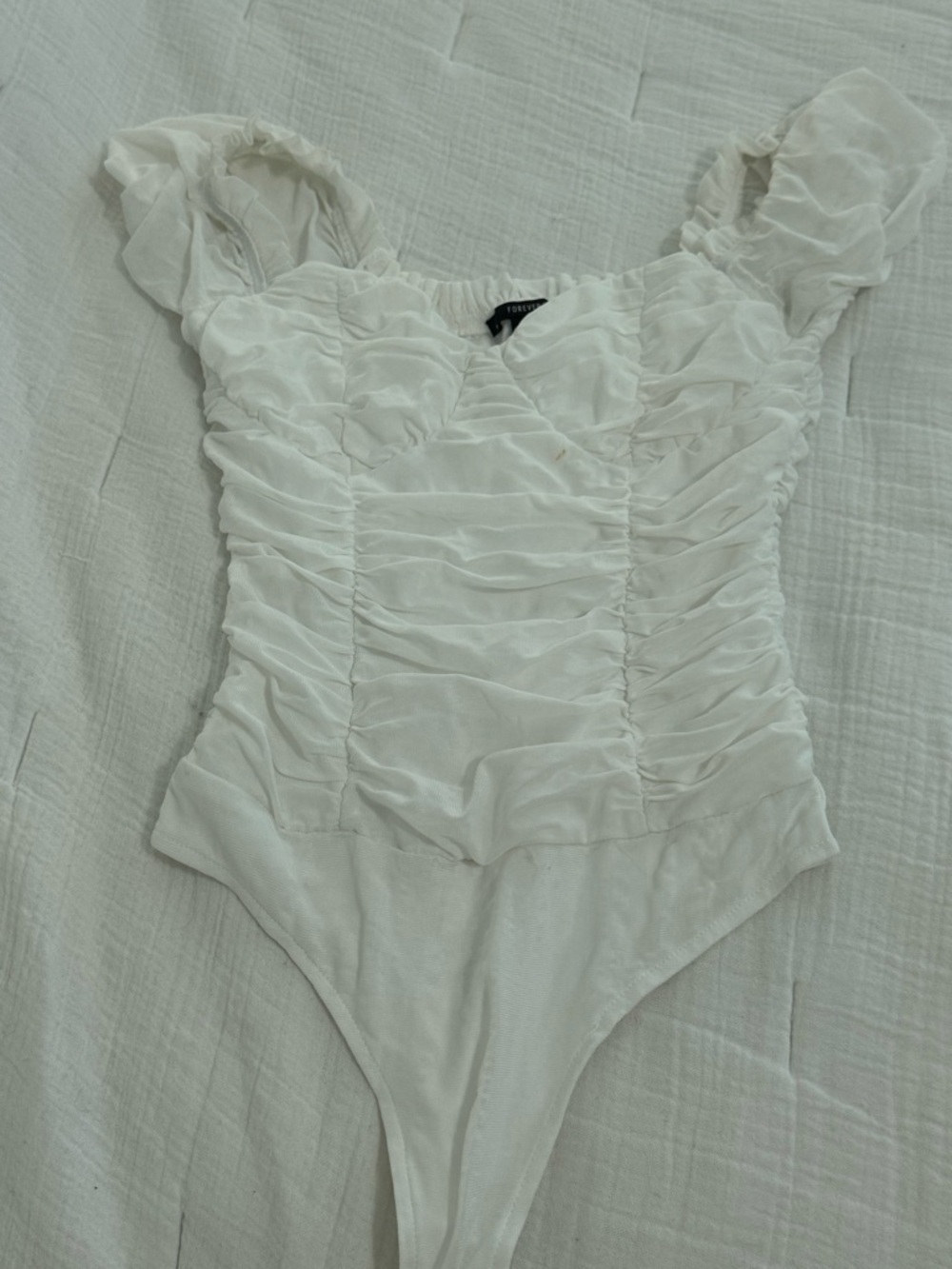 Forever 21 White Ruched Puff Sleeve Bodysuit